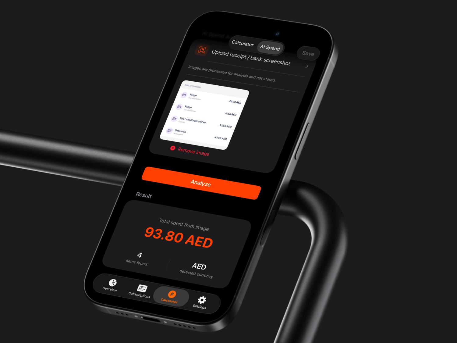 AI Spend screen showing 93.80 AED total detected from a receipt