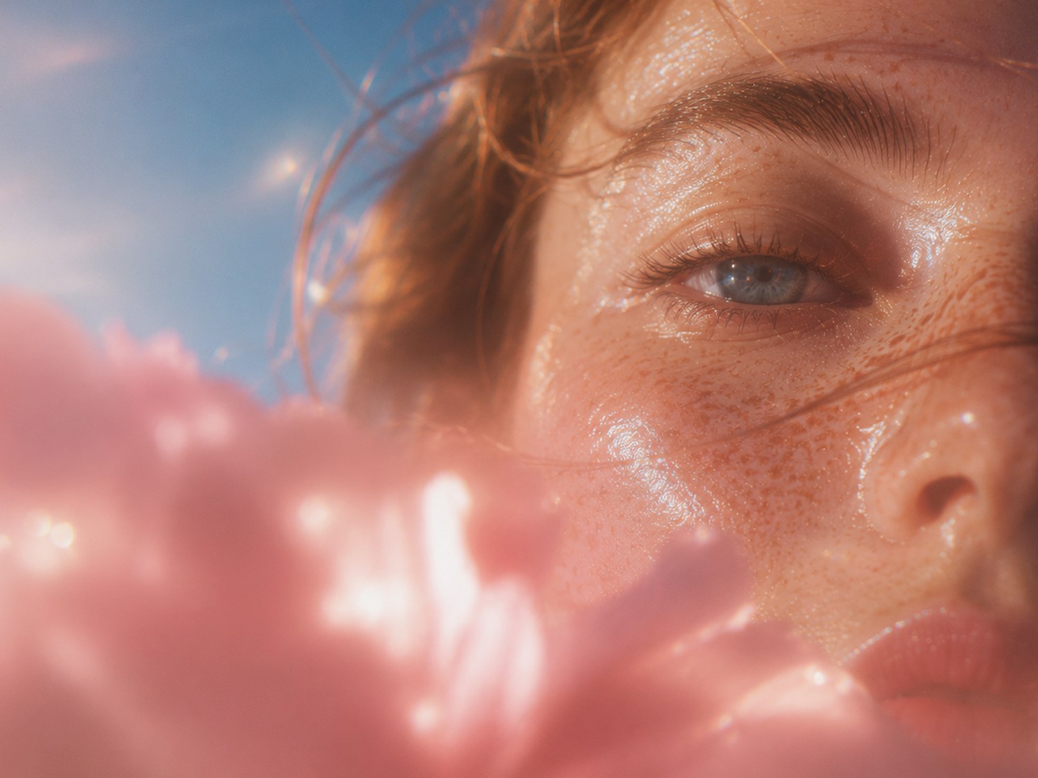 Sunlit portrait with pink flowers: calm, editorial Subscrr mood