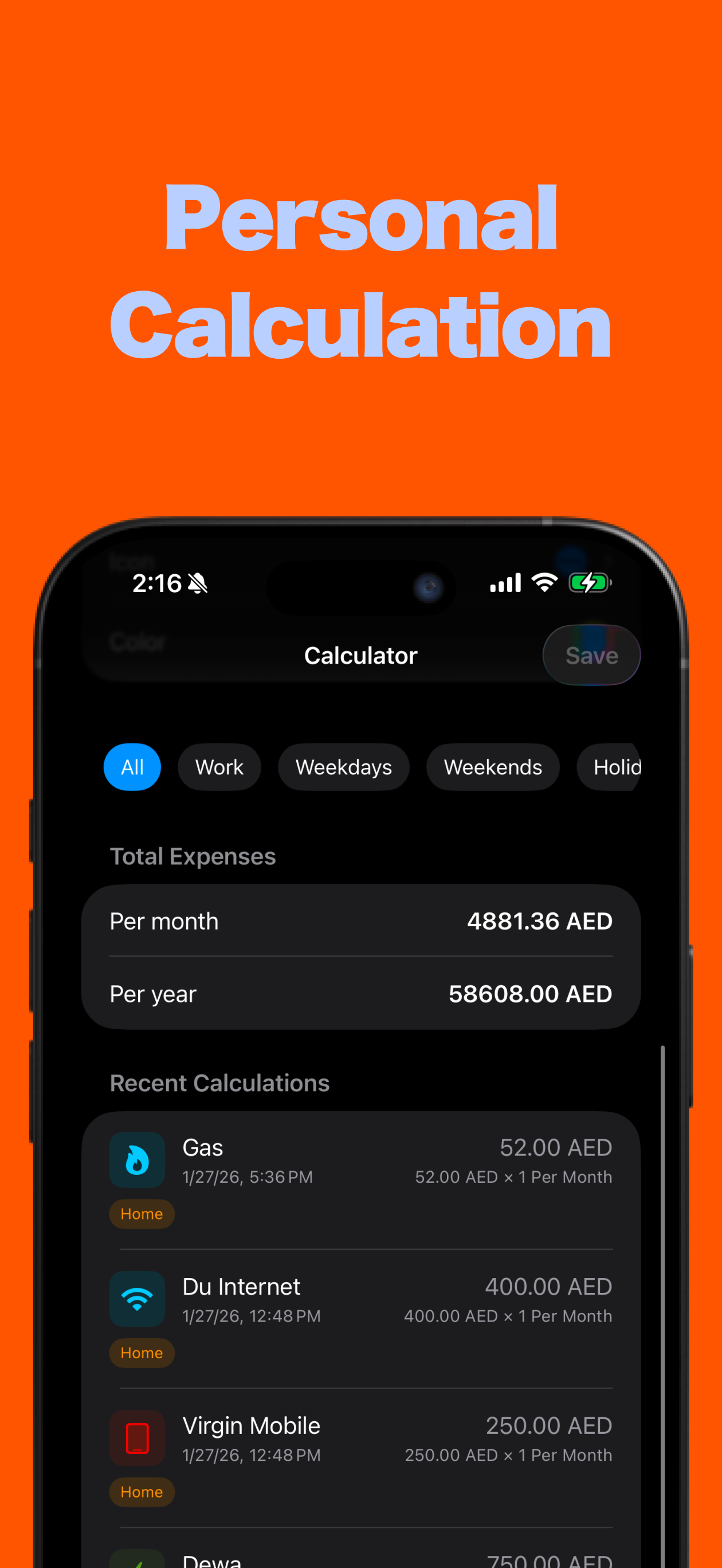 Personal calculation screen